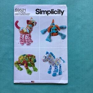 Simplicity s9521 Frog Cat Dog Horse Plush Animal Sewing Pattern
